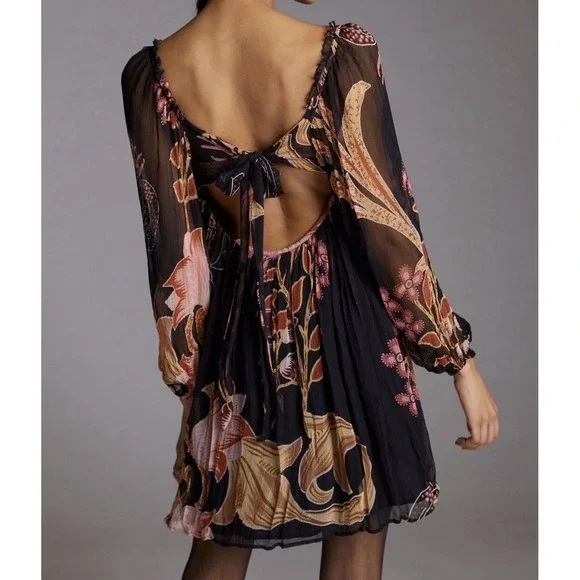 Anthropologie‎ Let Me Be Babydoll Dress Womens Petite Small PS Black Floral NWT - Picture 4 of 14